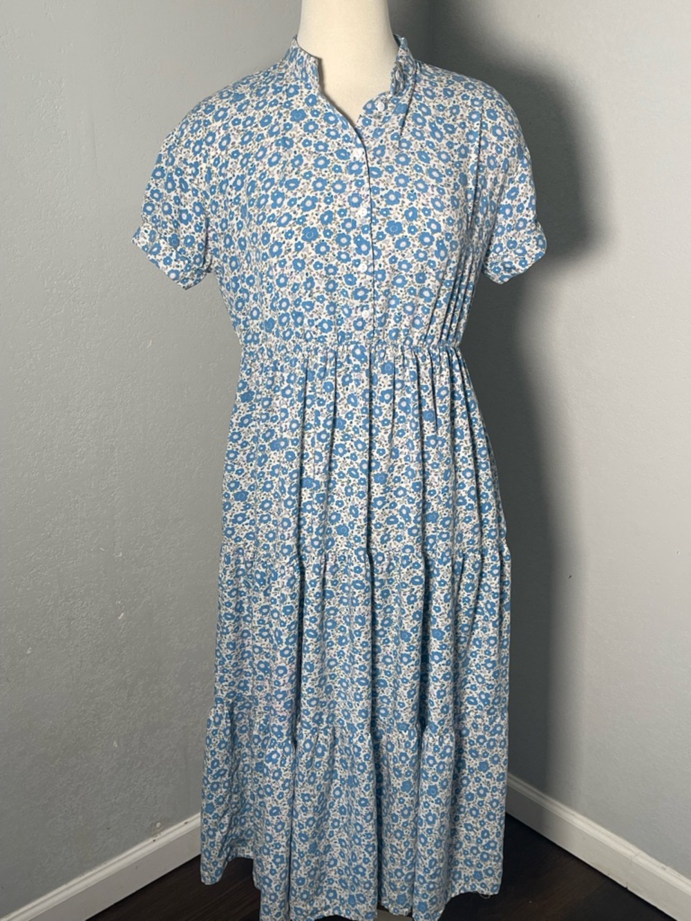 Blue Floral Maxi Dress with Button Front & Gathered Waist